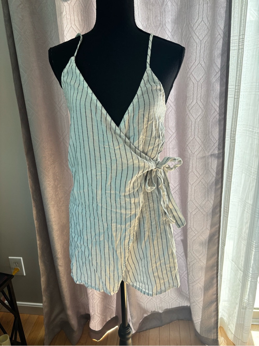 Roxy off white and Black Striped Spaghetti-Strap Romper NWT small